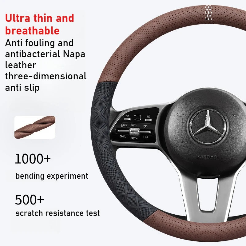 38cm Universal Leather Car Steering Wheel Cover Anti-Slip Breathable Steering Wheel Protector - Delicate Leather