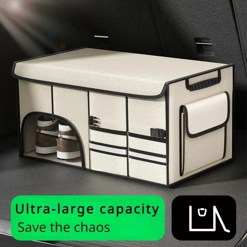 Foldable Car Trunk Storage Box – Multi-Compartment 72 L Organizer Bag with Anti-Slip Base, Waterproof Oxford Fabric Cargo Organizer - Delicate Leather