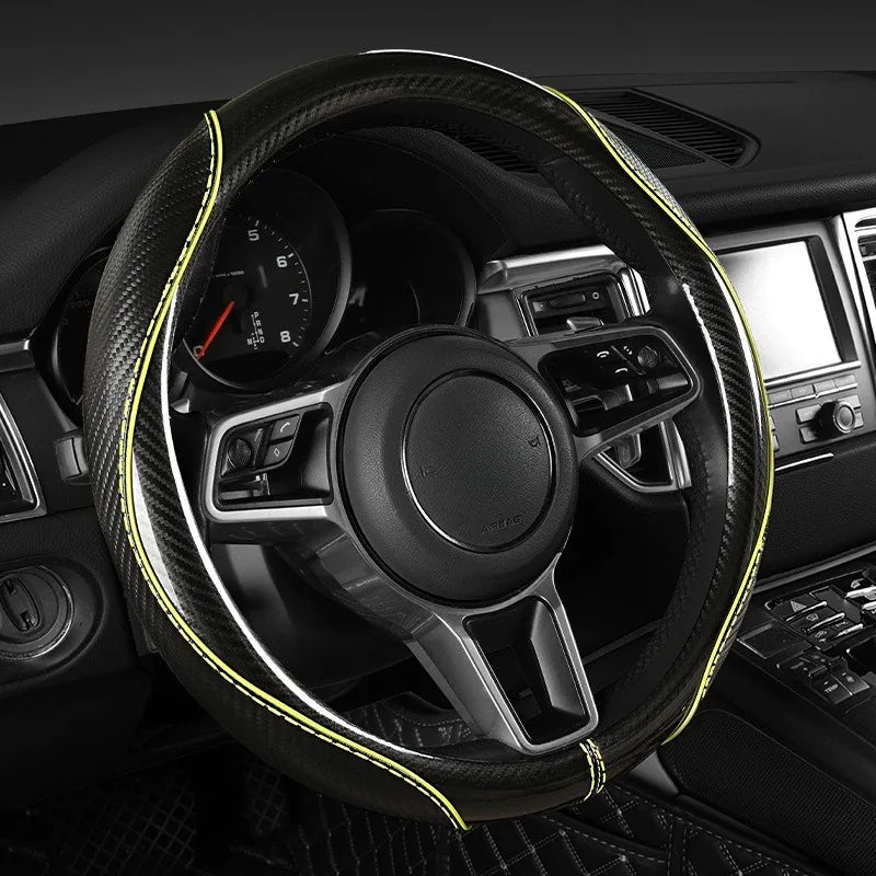 Sports Carbon Fiber Steering Wheel Cover Universal Fit – Anti-Slip Handle Cover for O / D / Double-D Steering Wheels (37–38cm) - Delicate Leather