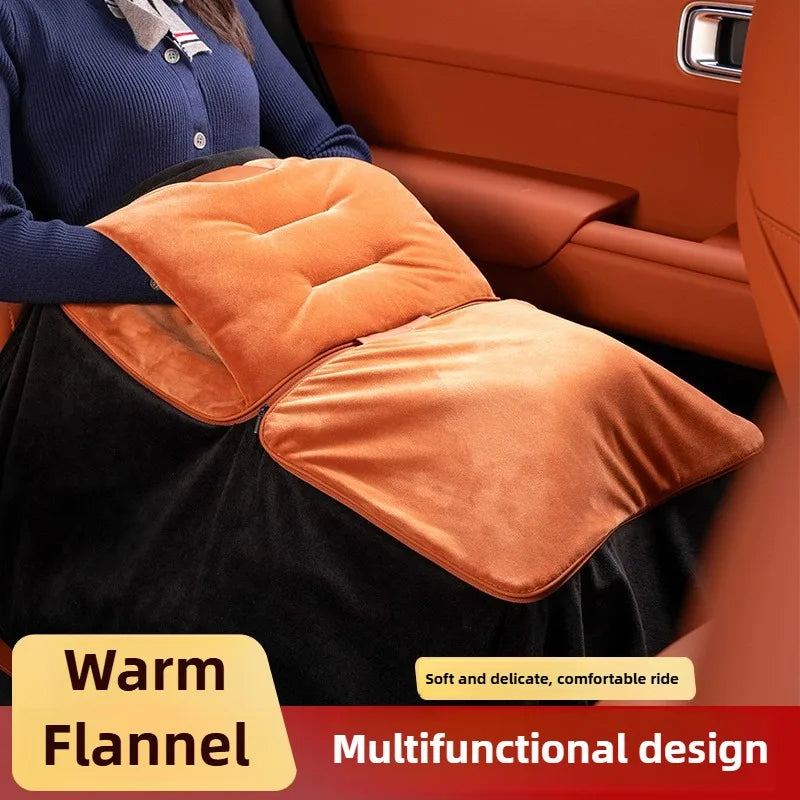 4-in-1 Plush Car Blanket Pillow – Flannel Travel Cushion, Foldable Lumbar Support and Back Pillow for Car Seats - Delicate Leather