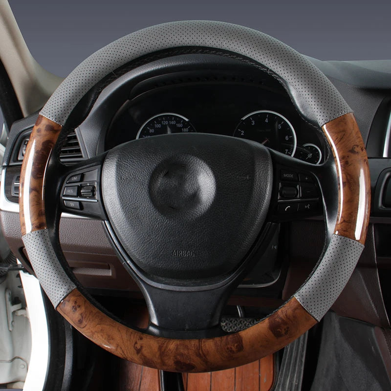 Wood Grain Steering Wheel Cover – 38cm, Anti-Slip, Durable, Fashionable Car Interior Accessory - Delicate Leather