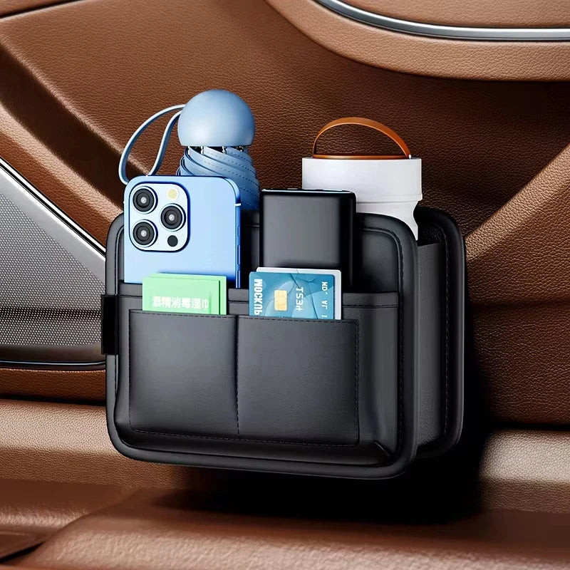 Foldable Car Door Storage Box – PU Leather Multi-Functional Organizer for Keys, Glasses, Phone, and Trash - Delicate Leather