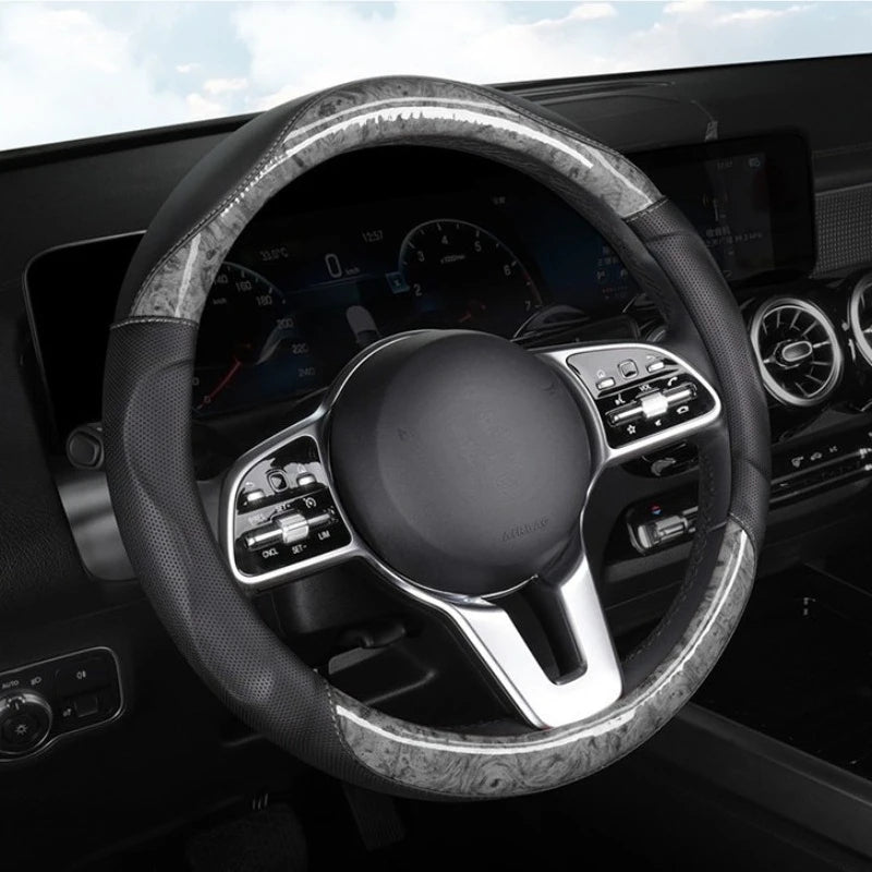 Wood Grain Steering Wheel Cover – Universal Microfiber & Carbon Fiber Leather, 3D Anti-Slip Grip, Breathable All-Season Car Accessory - Delicate Leather