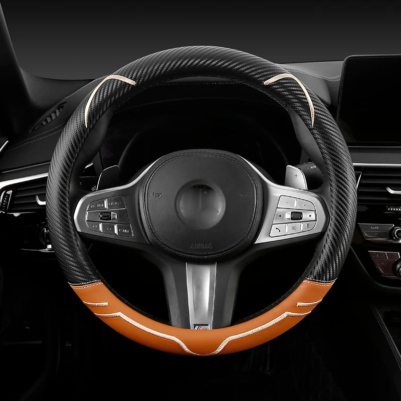 Carbon Fiber Style Leather Steering Wheel Cover – 38cm Anti-Slip Universal Fit - Delicate Leather