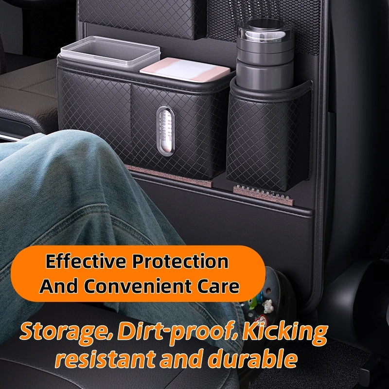 Car Backseat Organizer with Tissue Box – Black Leather Storage Bag with Pockets for Phone, Bottle, and Umbrella - Delicate Leather