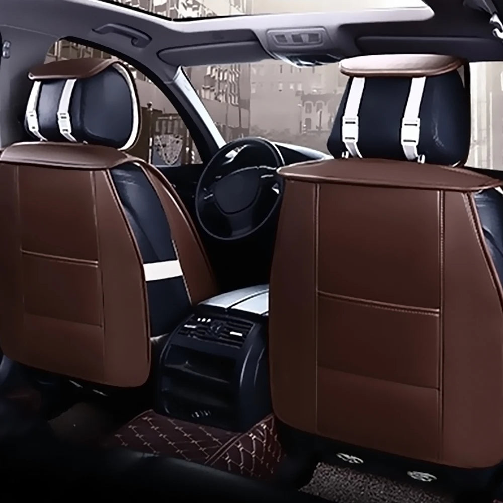 Universal Coffee-Colored Seat Covers for 5-Seater – Ice Silk, Waterproof Headrests & Lumbar Pillows 12 - Delicate Leather