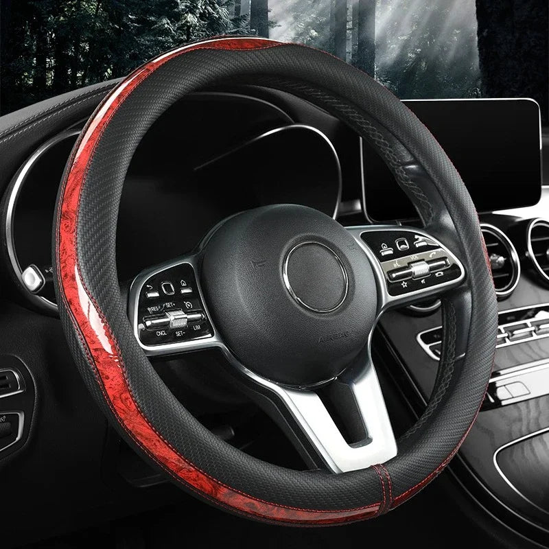 Carbon Fiber Style Steering Wheel Cover – Anti-Slip PU Leather & Wood Grain, 38cm Universal Fit - Delicate Leather