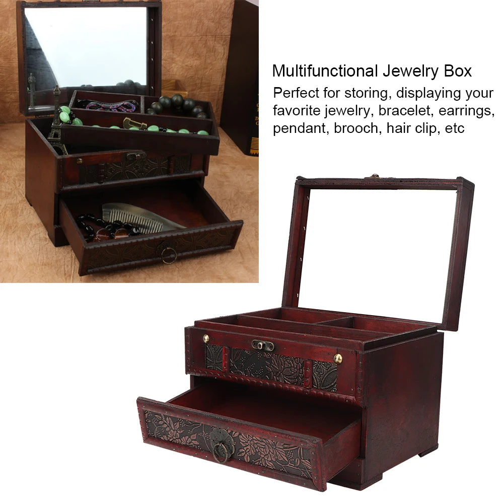 Vintage Wooden Jewelry Box with Mirror – Organizer Case for Necklaces, Earrings & Accessories