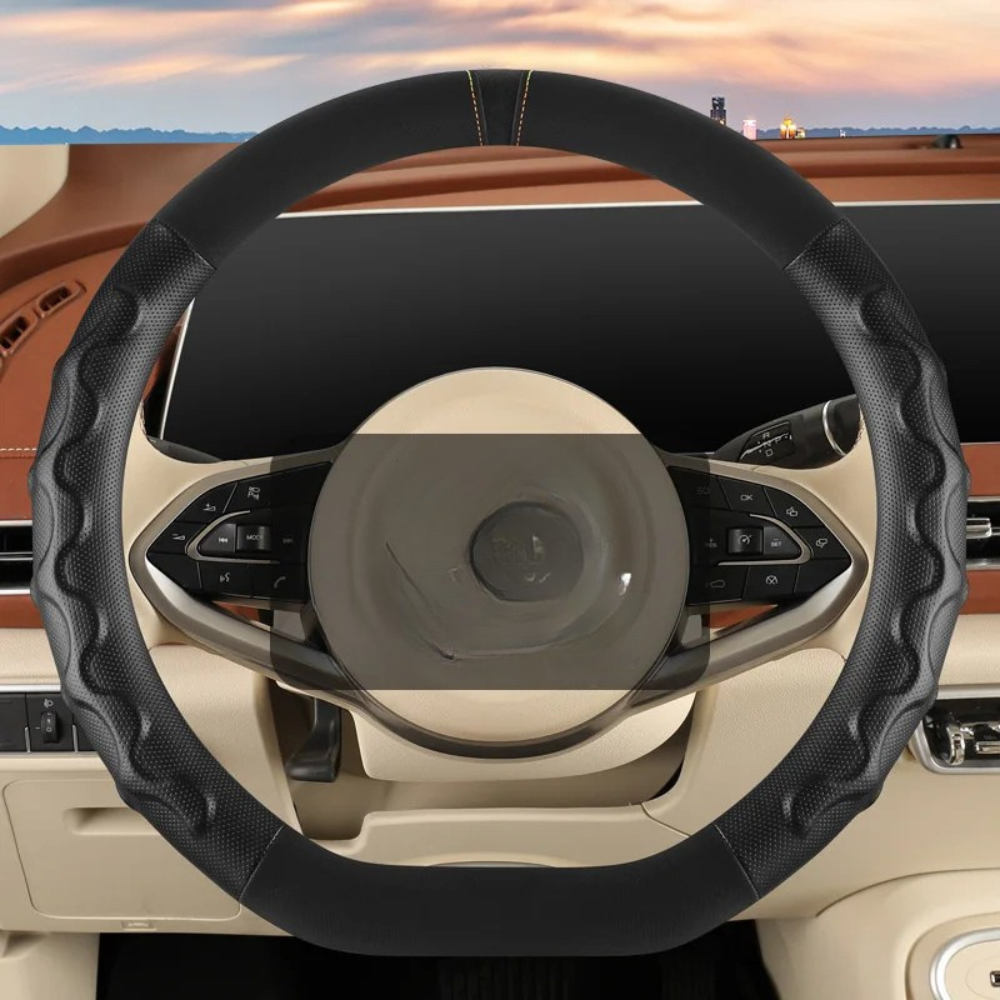 Universal 38cm Steering Wheel Cover – All-Season Non-Slip Faux Leather with 3D Corrugated Grip, Wear-Resistant Car Handle Cover - Delicate Leather