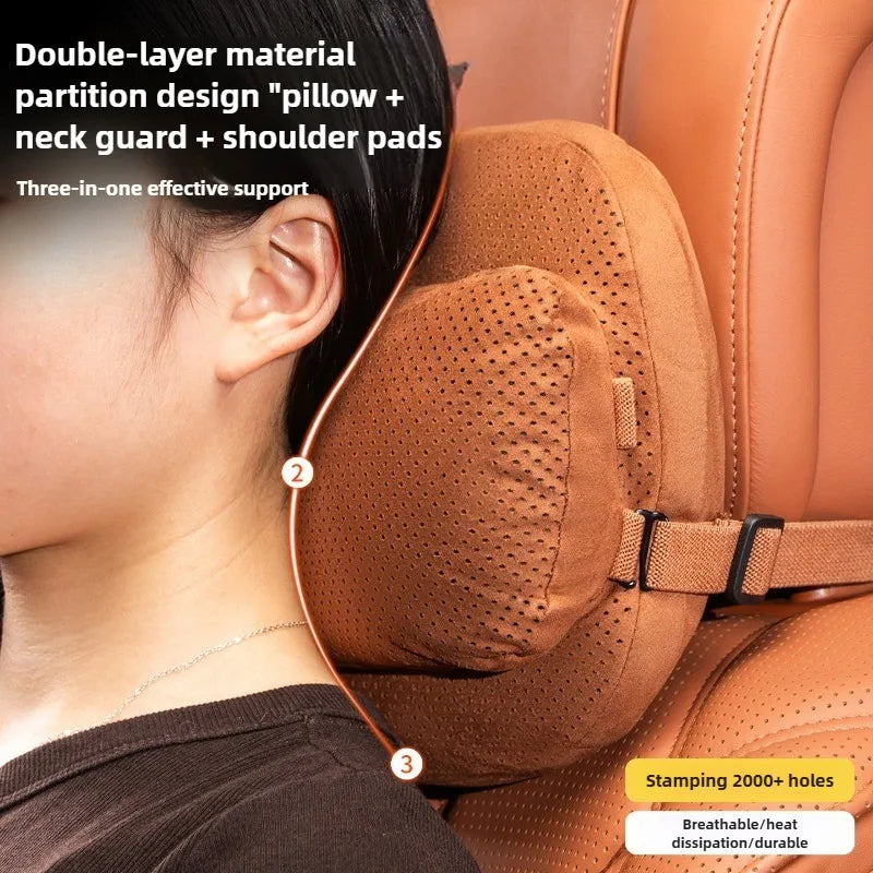 Suede Car Headrest Pillow & Lumbar Cushion – Luxury Nappa Leather Neck & Waist Pillow, Memory Foam Seat Accessories, Universal All Seasons - Delicate Leather