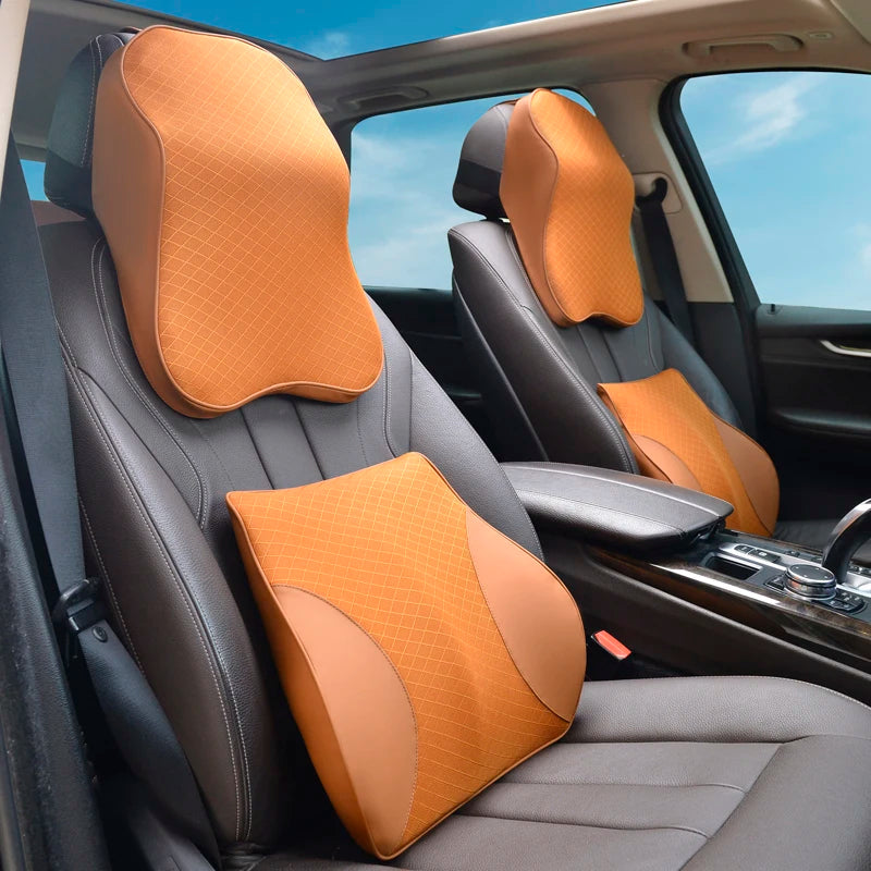 Premium Memory Foam Car Lumbar and Neck Pillow Car Seat Neck Pillow Waist Cushion for Neck Pain and Headrest Support - Delicate Leather