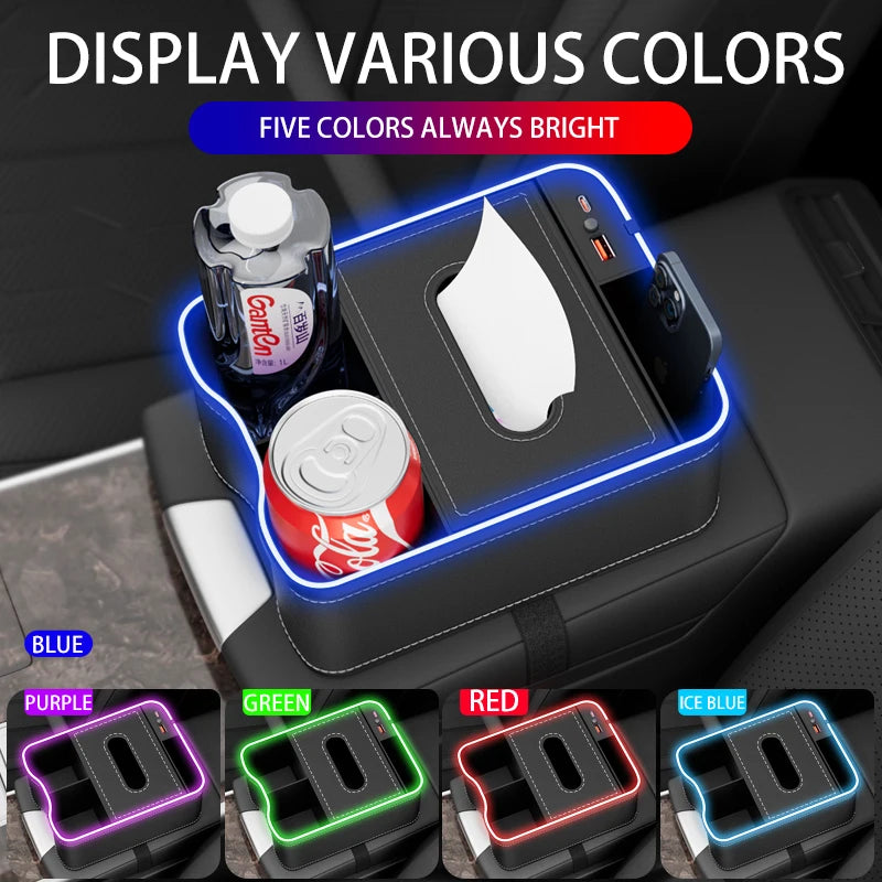 Car Armrest Storage Box with LED Ambient Light & Type-C USB Charger – Universal Center Console Organizer - Delicate Leather