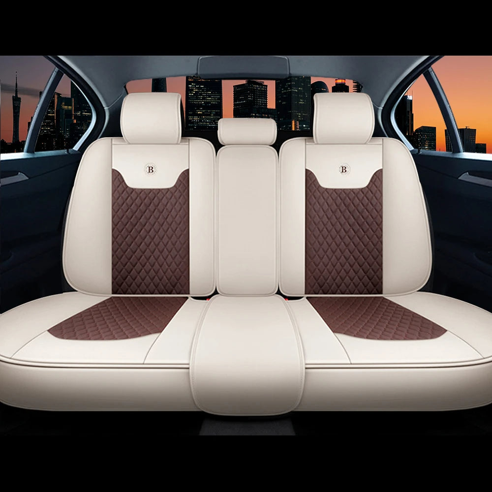 Waterproof PU Leather Car Seat Covers – Five Seats, High Back Front and Rear Split Bench in White & Coffee 11 - Delicate Leather