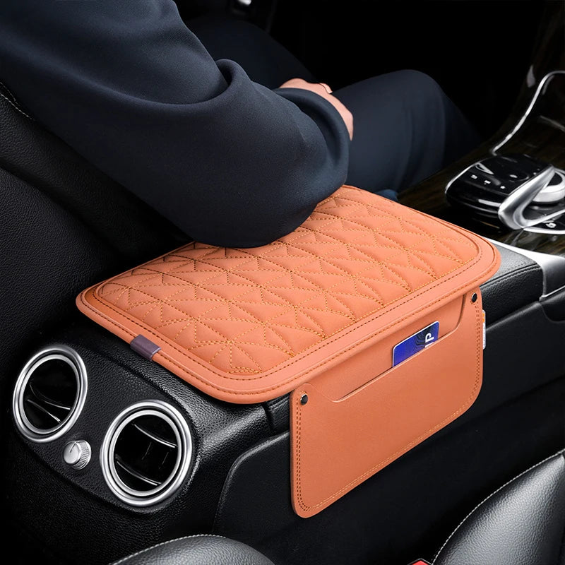 PU Leather Car Armrest Pad with Memory Foam – Center Console Protector Cover with Side Storage Pocket, Universal Fit - Delicate Leather