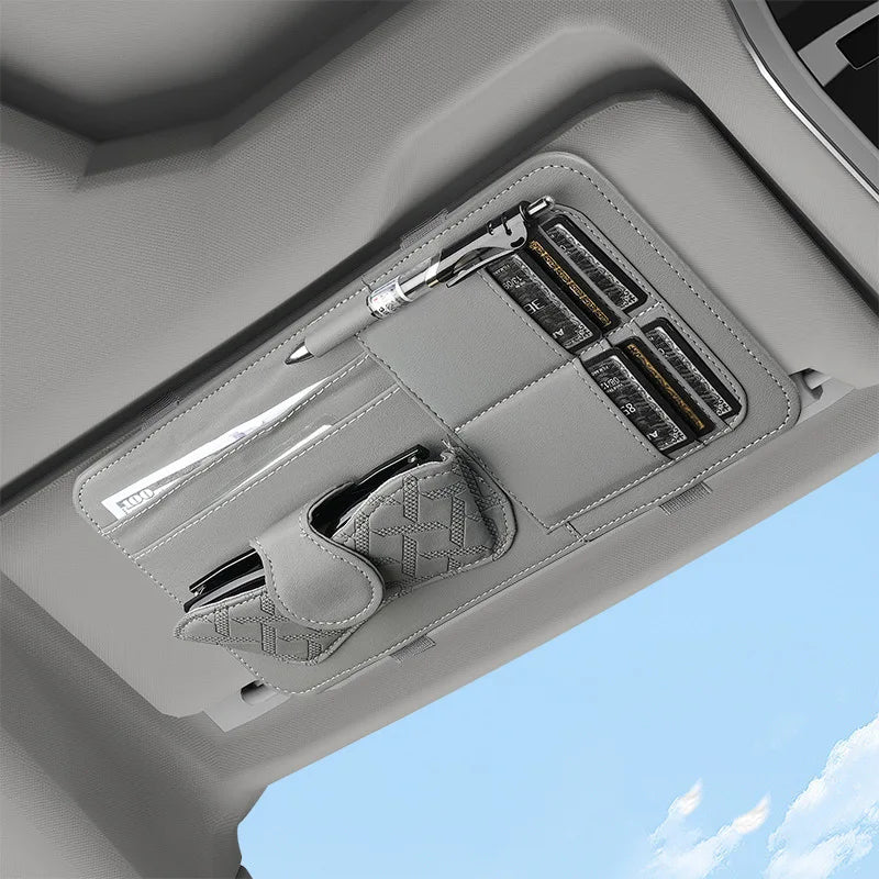 Car Sun Visor Organizer – PU Leather Multifunctional Storage with Glasses Clip, Card Slots & Pen Holders - Delicate Leather