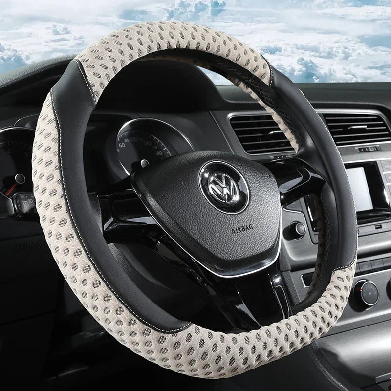 PU Leather Steering Wheel Cover – 3D Cooling Fabric, Non-Slip, O/D Shape, All-Season Comfort - Delicate Leather