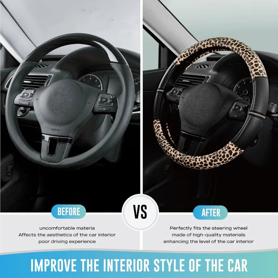 Leopard Print Steering Wheel Cover – Anti-Slip PVC Leather, Universal Fit 14.5–15 Inch - Delicate Leather
