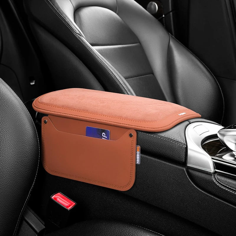 Leather Suede Car Armrest Cushion Cover – Soft Center Console Armrest Pad with Storage Pocket - Delicate Leather