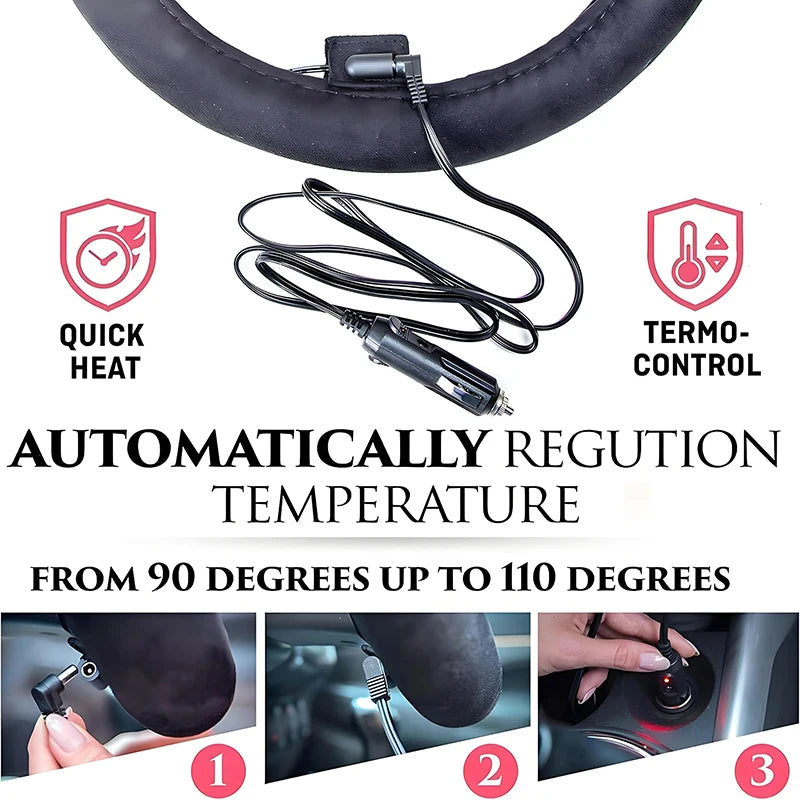 12V Heated Steering Wheel Cover – Fast Heating Plush Wheel Protector for Winter Driving - Delicate Leather