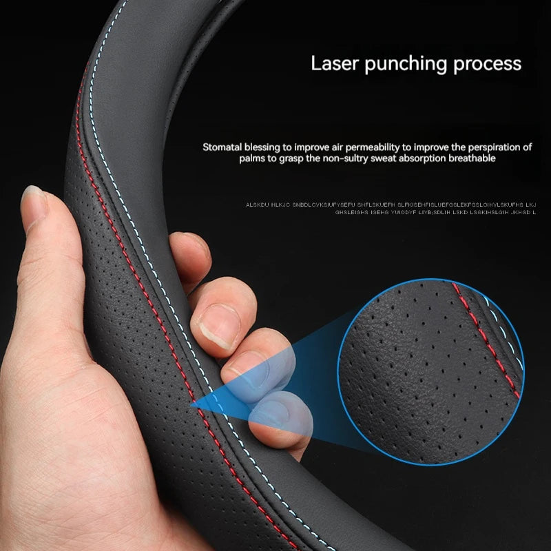 Full Leather Steering Wheel Cover – Ultra-Thin, Non-Slip, Breathable, Universal 14.5–15.5 Inch, All-Season Protection - Delicate Leather