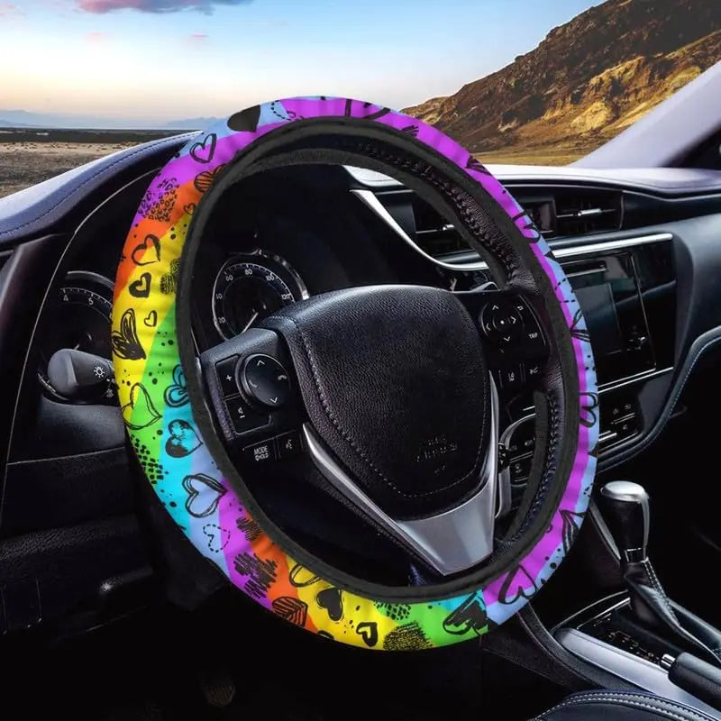 Retro Rainbow Stripes Steering Wheel Cover for Women, Bright Rainbows, Colorful Car Steering Wheel Cover Cute, Car Wheel Cover, Aesthetic Car Decor, Car Gift, Car Accessories 27 - Delicate Leather