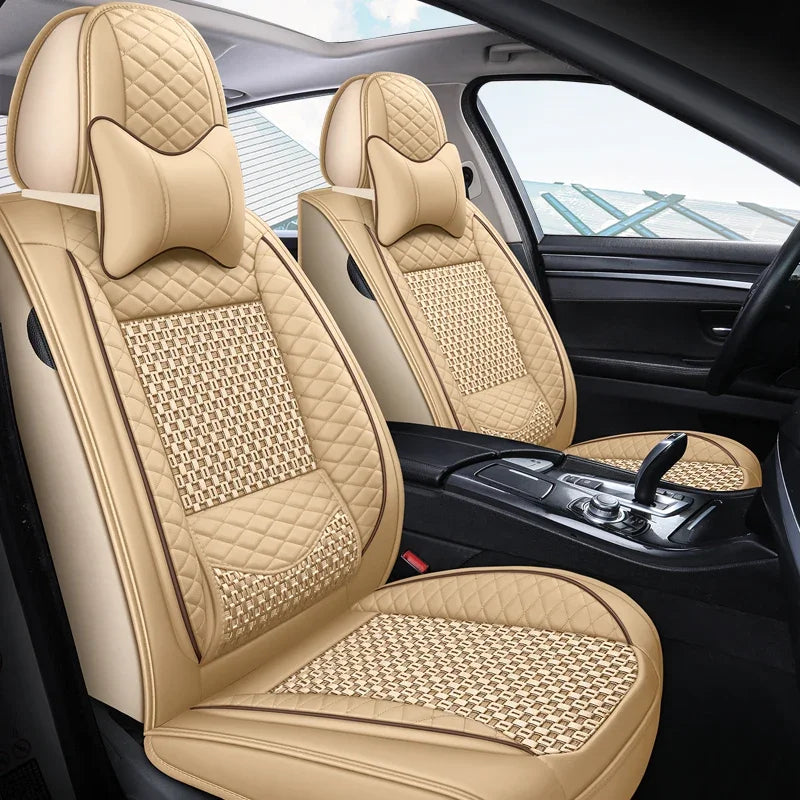 Premium PU Leather & Ice Silk Car Seat Covers with Lumbar Support – Breathable, Wear-Resistant Full Wrap Set (Includes Headrest) - Delicate Leather