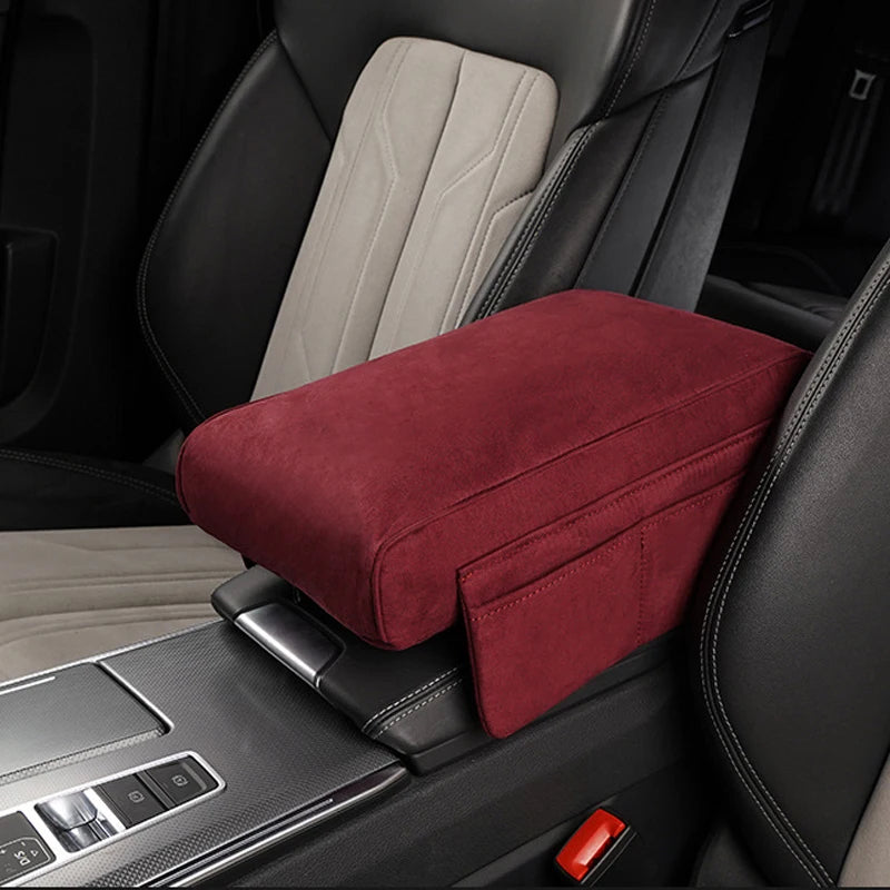 Suede Car Armrest Cushion with Cup Holder – Memory Foam Center Console Pad, Universal Fit, Enhanced Elbow Support - Delicate Leather