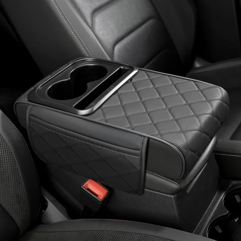 PU Leather Car Center Console Armrest Cushion – Height Pad with Cup Holder and Storage Slots - Delicate Leather