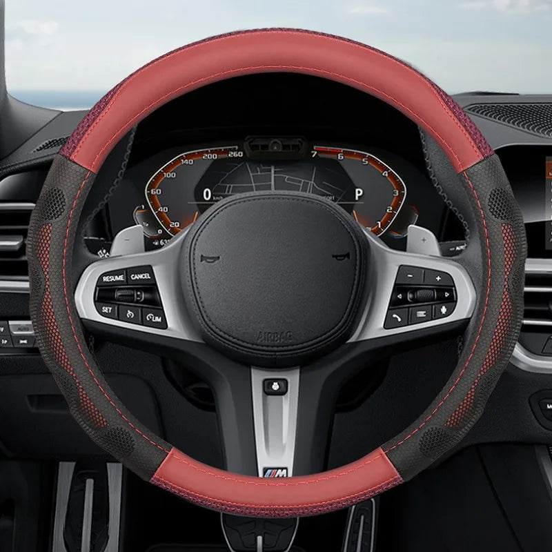 Universal Ice Silk Leather Steering Wheel Cover – 38cm Breathable Non-Slip Car Handle Cover, Four-Season Comfort Grip - Delicate Leather