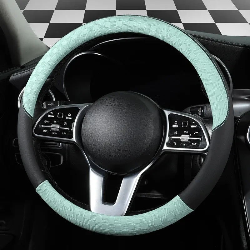 Microfiber Leather Steering Wheel Cover – 15-Inch Universal Fit, Anti-Slip Rubber Grip, Checkered Flag Design, All-Season Comfort - Delicate Leather
