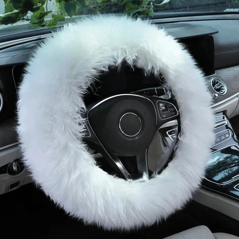 Winter Long Plush Wool Steering Wheel Cover – Soft Thick Warm Grip with Non-Slip Inner Ring, Universal O / D / Dual-D - Delicate Leather