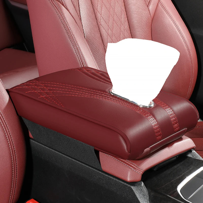 Multi-Functional Leather Car Armrest Pad, Memory Foam Heightening Cushion, Central Console Tissue Holder - Delicate Leather