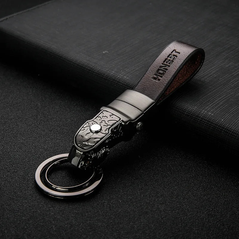 Leather Keychain with LED Light – Leopard Head Pendant Car Key Ring with Removable Belt Clip - Delicate Leather