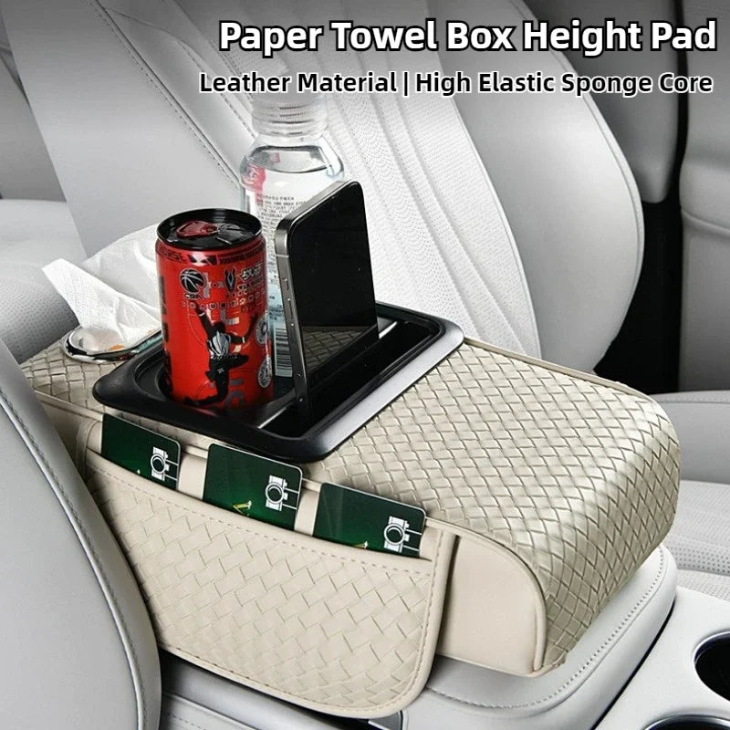 Car Armrest Cushion with Tissue Box, Cup Holder & Phone Pocket – Multifunctional Arm Rest Pad for Trucks and Vehicles - Delicate Leather