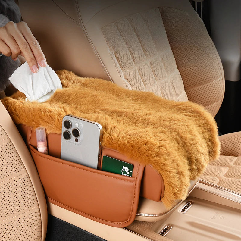 Plush Car Armrest Cushion with Tissue Box – Winter Fluffy Center Console Cover - Delicate Leather