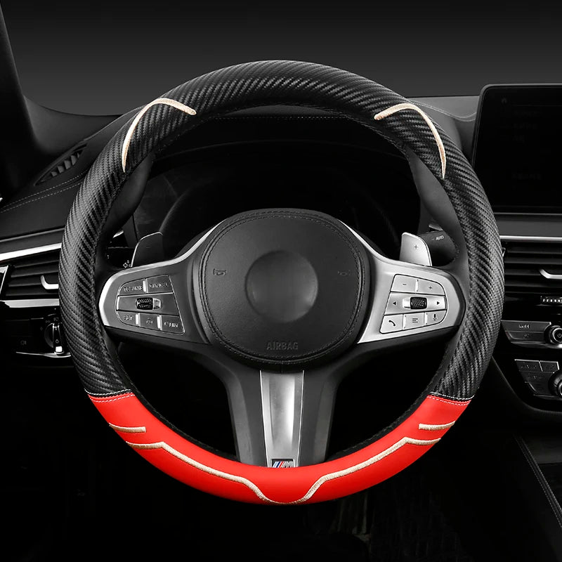 Carbon Fiber Style Leather Steering Wheel Cover – 38cm Anti-Slip Universal Fit - Delicate Leather