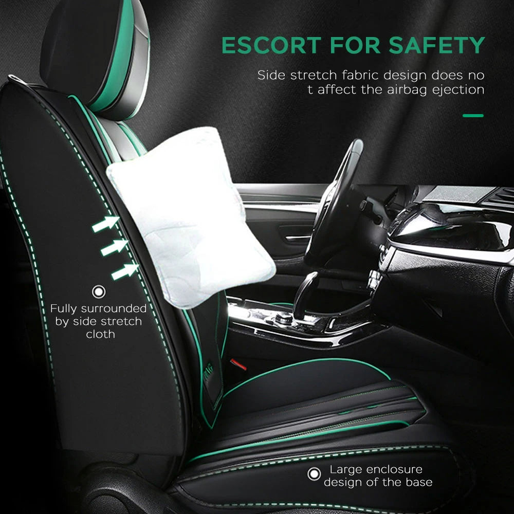 Universal Style Full Coverage Car Seat Cover – Black & Green with Headrest