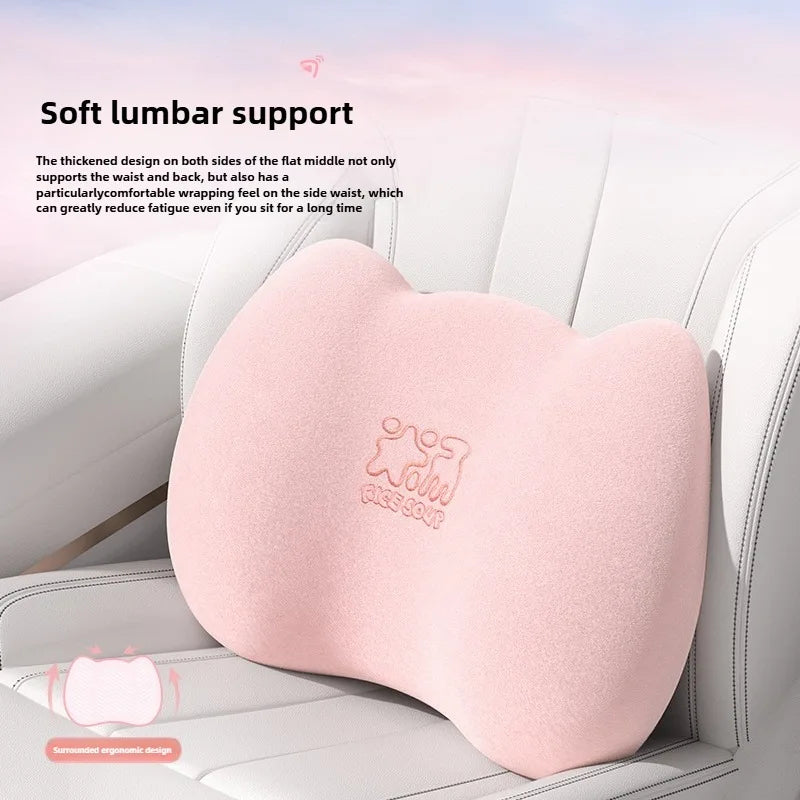 Plush Car Neck Pillow and Waist Pillow Set - Cute Pink Auto Headrest and Lumbar Support - Kawaii Car Seat Pillow for Comfort and Relaxation - Delicate Leather