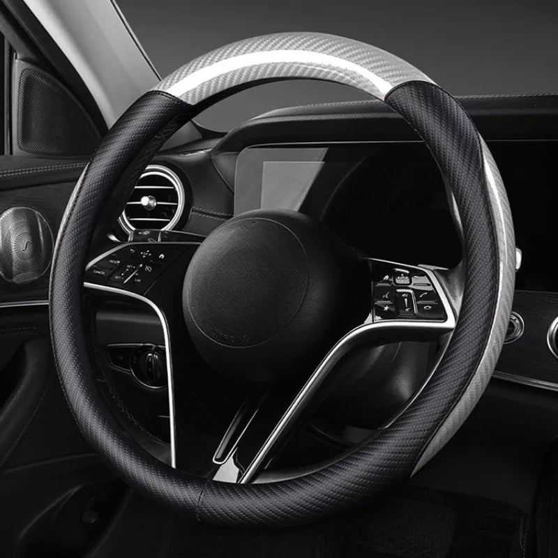 Universal Leather Steering Wheel Cover with Carbon Fiber Style – Non-Slip O/D Type, 14.5–15 Inch - Delicate Leather
