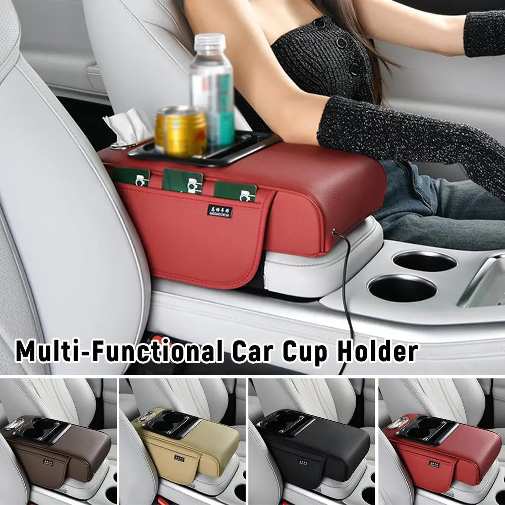 Multi-Functional Car Cup Holder & Armrest Organizer – Center Console Pad with Phone Storage - Delicate Leather