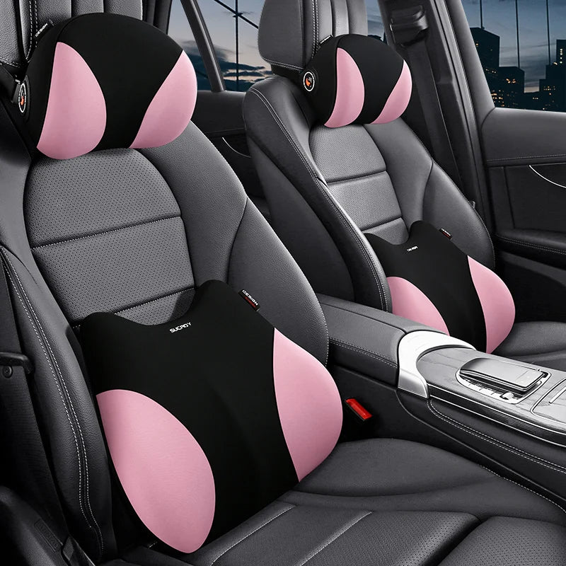 Memory Foam Car Headrest & Lumbar Pillow, Neck and Back Support Cushion, Universal for Car, Office, and Home - Delicate Leather