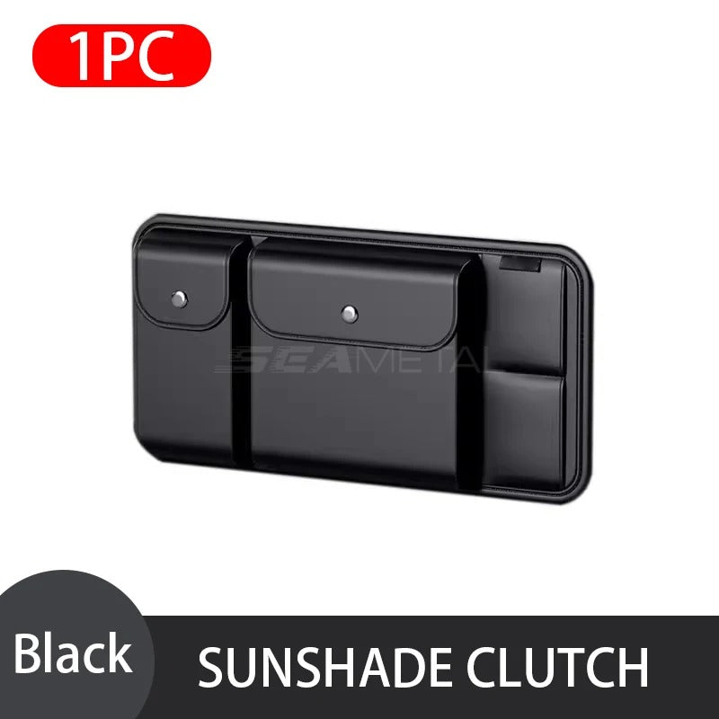 Luxury Car Sun Visor Organizer - Universal Visor Panel Storage Bag - PU Leather Multi-Pocket Auto Storage Pouch with Glasses Box - Delicate Leather