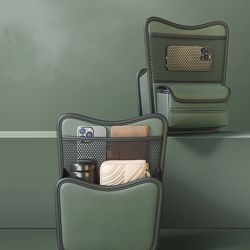 Large Capacity Car Seat Middle Hanger Storage Bag – Between Seats Organizer with Cup & Tissue Pockets - Delicate Leather