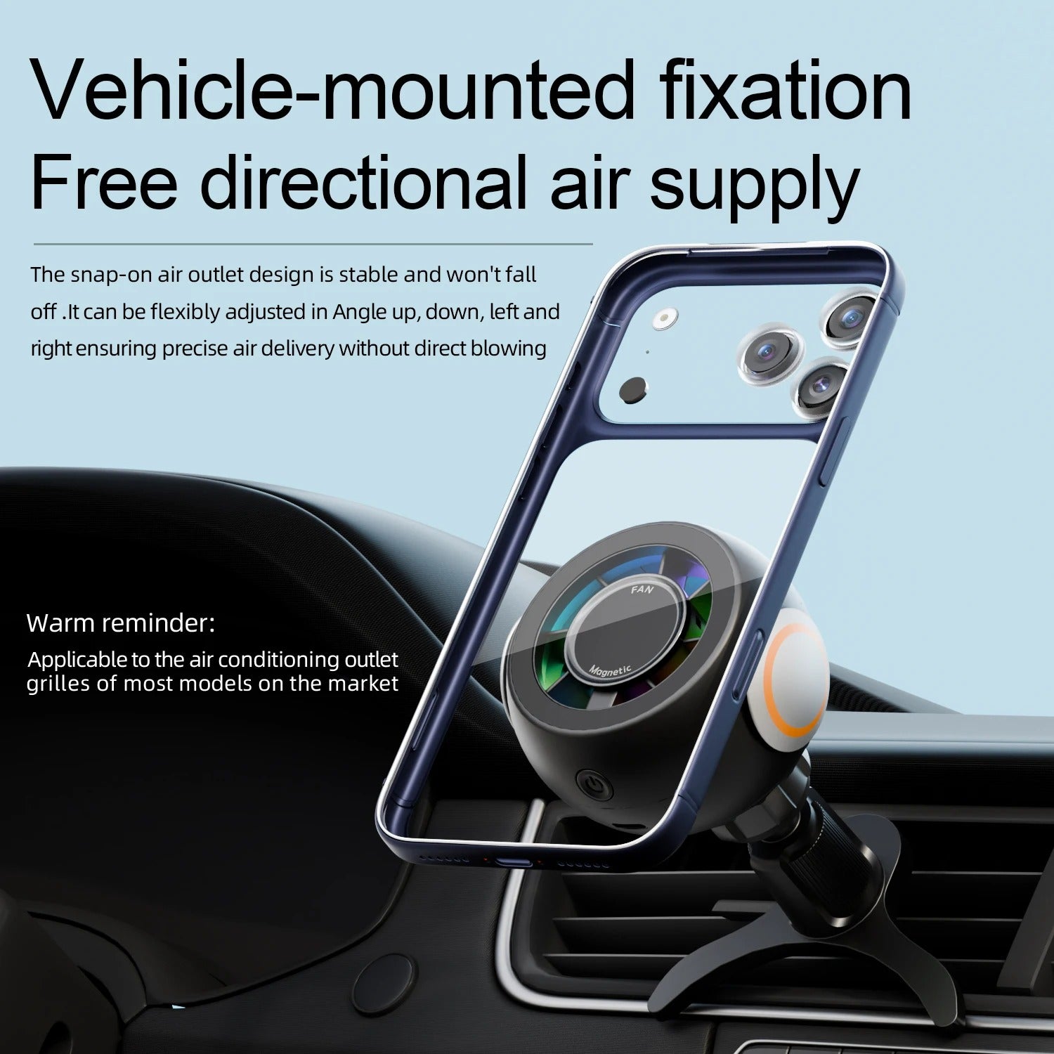 Magnetic Car Phone Holder with Cooling Fan, Aroma Diffuser & RGB Ambient Light - Delicate Leather