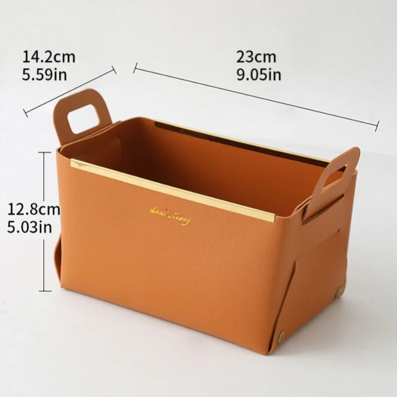 Desktop Finishing PU Leather Storage Box - Household Foldable Cosmetic Storage Basket with Handle, Sundry Key Coin Decorative Plate - Delicate Leather