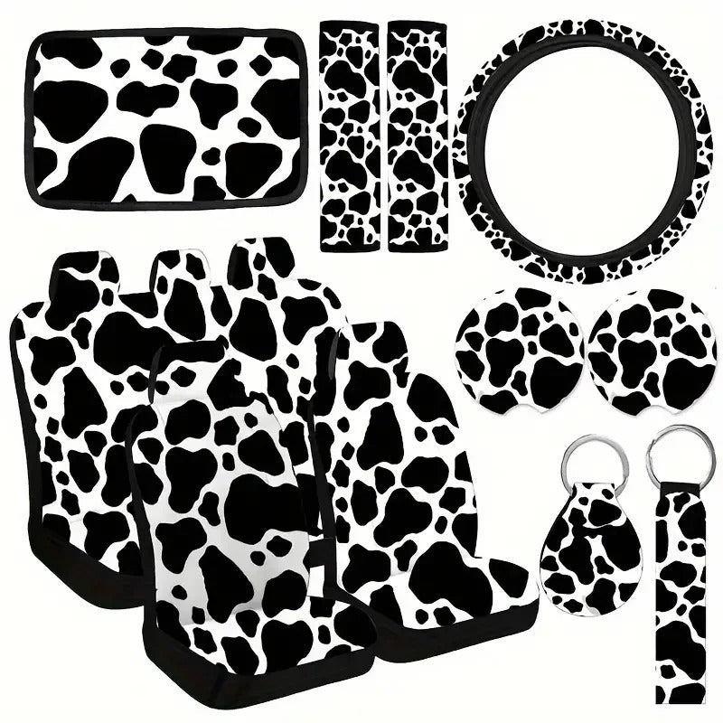 15-Piece Cow Print Car Accessories Kit – Stylish & Comfortable Interior Set, Gift For Mother's Day 2025 - Delicate Leather