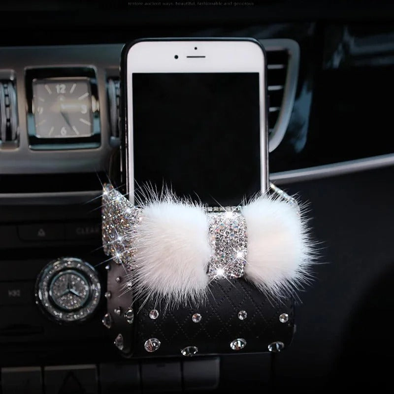 Diamond Crystal Bowknot Car Storage Box – Mink Fur Vent-Mounted Cosmetics & Phone Holder, Gift For Mother's Day 2025 - Delicate Leather