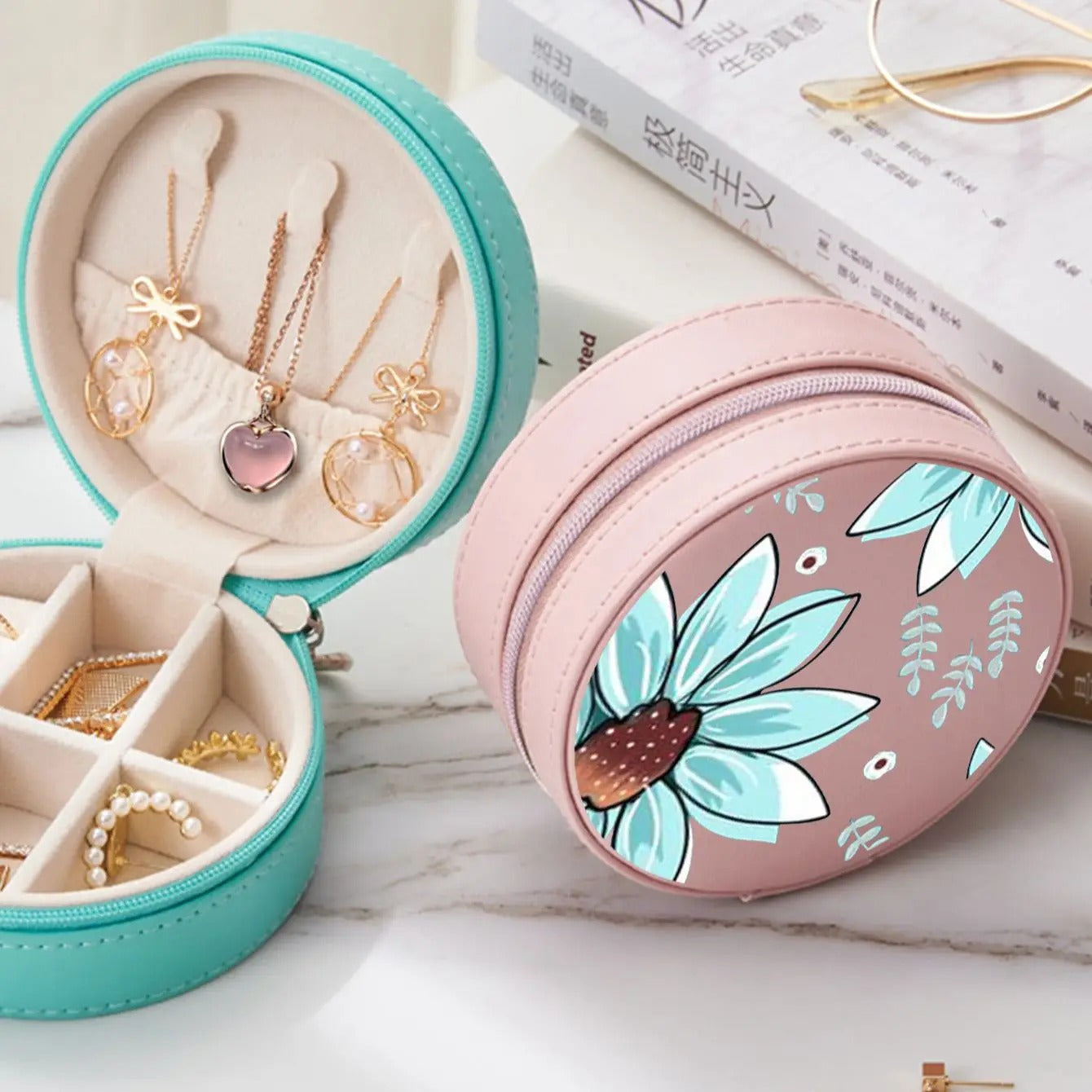 Flower Jewelry Storage Box Organizer, Display Travel Jewelry Case, Flower Leather Earrings Necklace Ring Organizer for Gift - Delicate Leather