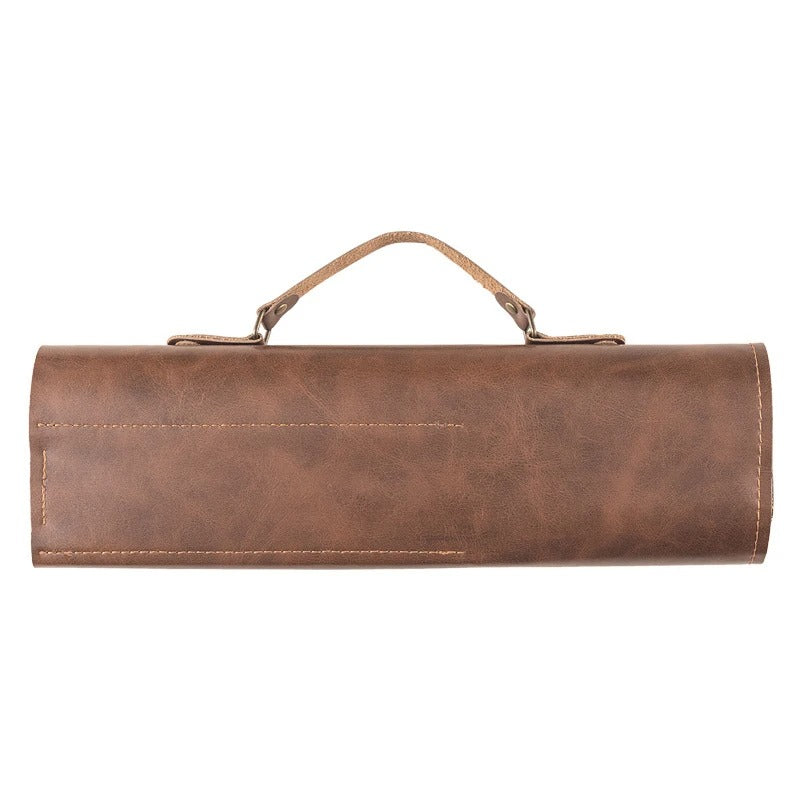 Portable Leather Chef Knife Roll Bag - Two-Layer Cowhide Storage Case for Kitchen and Camping - Delicate Leather