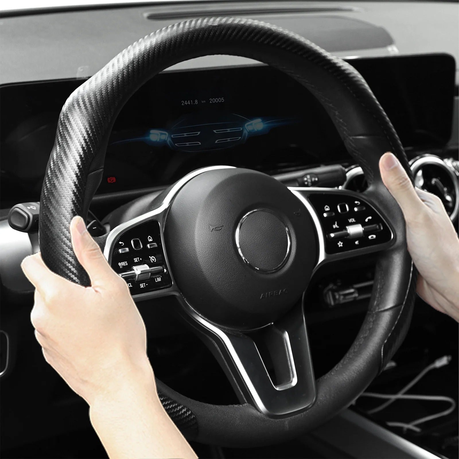 Carbon Fiber Steering Wheel Cover – Universal 38cm Anti-Slip Sport Grip - Delicate Leather